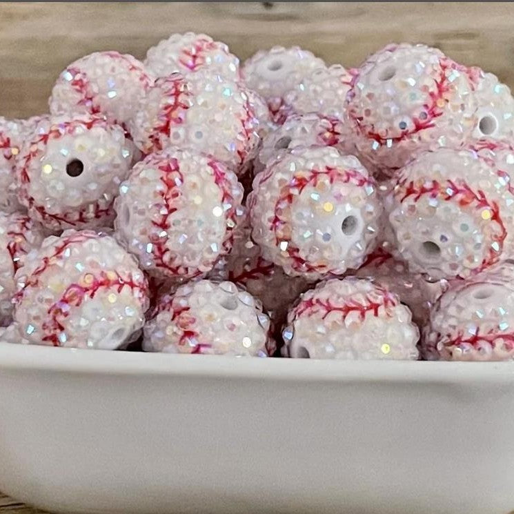 Rhinestone Bubblegum Beads 20mm White Baseball Print 5pcs