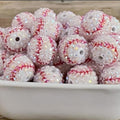 Rhinestone Bubblegum Beads 20mm White Baseball Print 5pcs