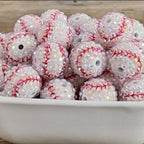 Rhinestone Bubblegum Beads 20mm White Baseball Print 5pcs