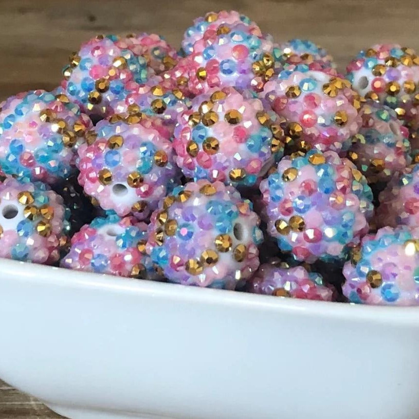 Rhinestone Bubblegum Beads 10-22mm Pink Blue Gold Striped Resin 5pcs