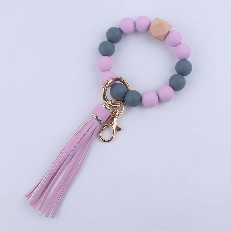 Silicone Beaded Wristlet Keychain with Leather Tassel and Octagonal Wood Accent 9