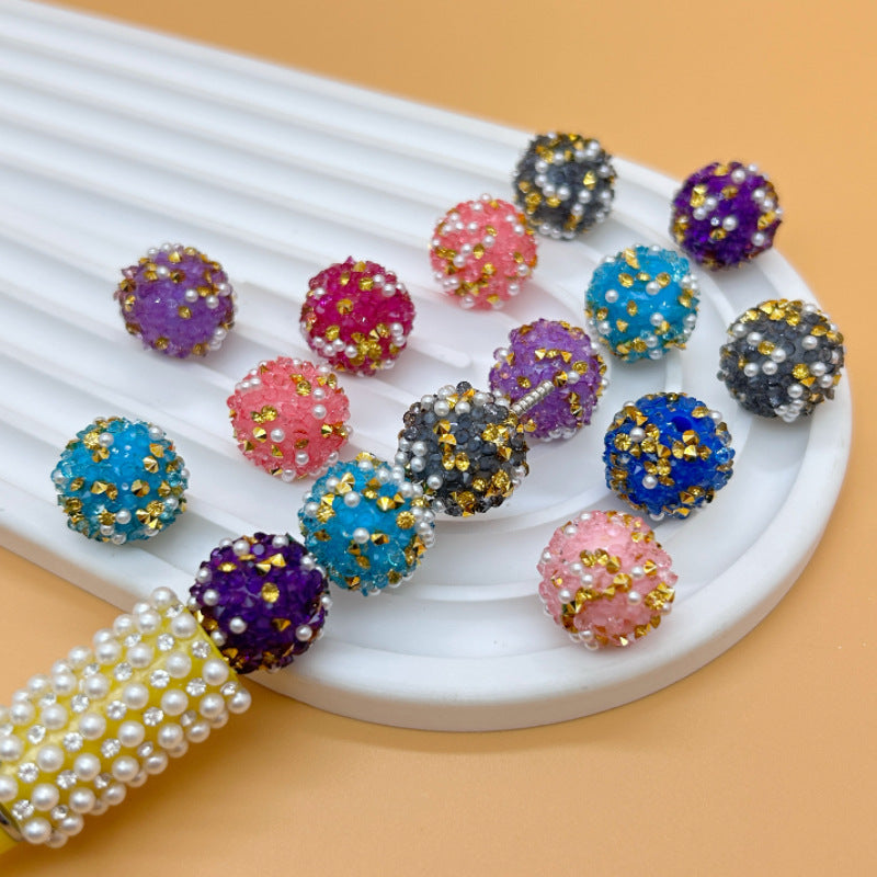 Embellished Bubblegum Beads 16mm Gold Foil with Embedded Pearls 25pcs