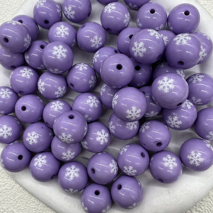 Printed Bubblegum Beads 20mm Pastel Purple Snowflake Pattern 10pcs 13
