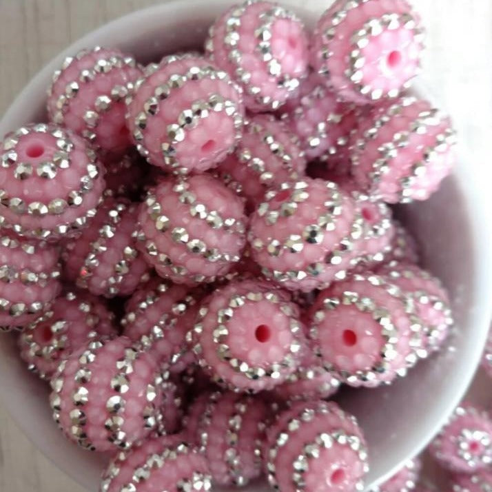 Rhinestone Bubblegum Beads 16-22mm Pink Silver Striped Resin 5pcs
