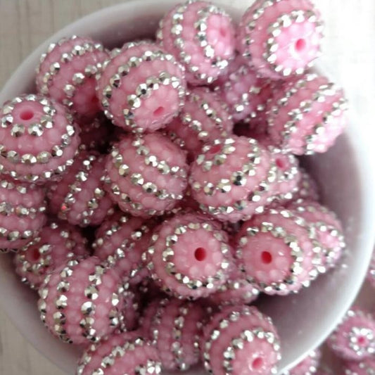 Rhinestone Bubblegum Beads 16-22mm Pink Silver Striped Resin 5pcs
