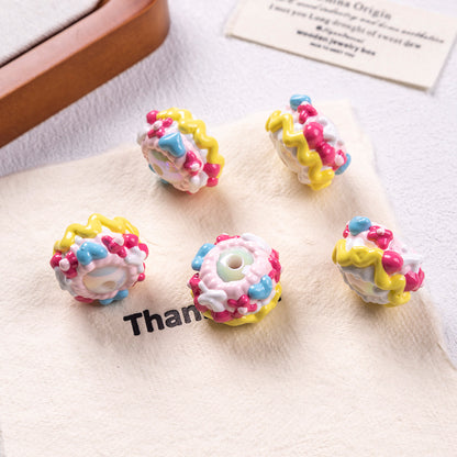 Hand Painted Cake Acrylic Beads 18mm Glossy Pastel Enamel 5pcs 7