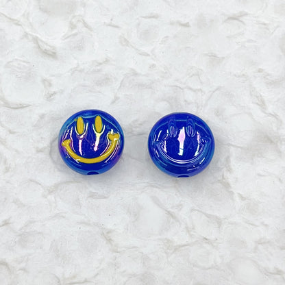 UV Plating Flat Round Acrylic Beads 15mm Glossy Smiley Face 1pc 12
