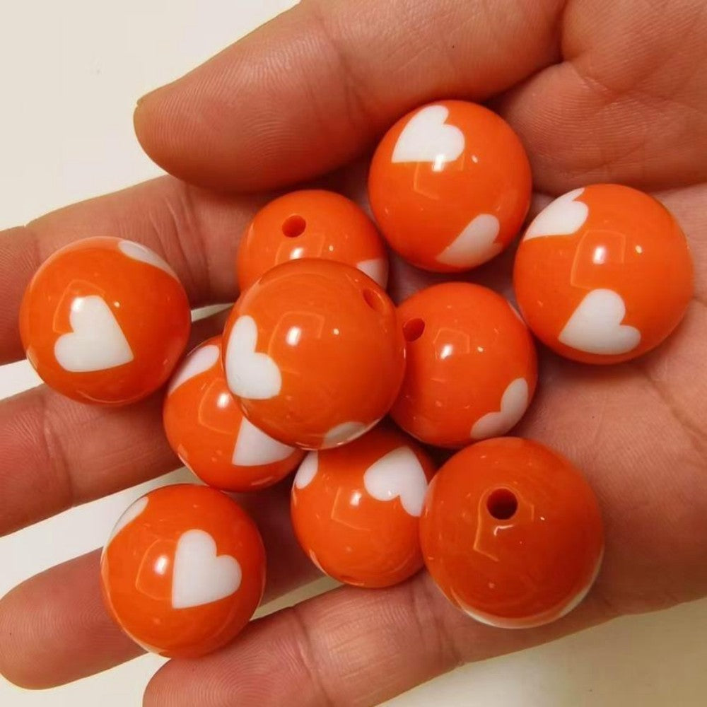 Printed Bubblegum Beads 20mm Orange with White Heart Design 10pcs 2