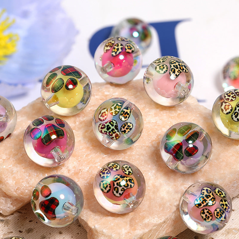 UV Plating Round Acrylic Beads 16mm Leopard Print and Puppy Paw 50pcs