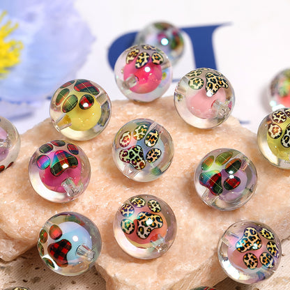 UV Plating Round Acrylic Beads 16mm Leopard Print and Puppy Paw 50pcs