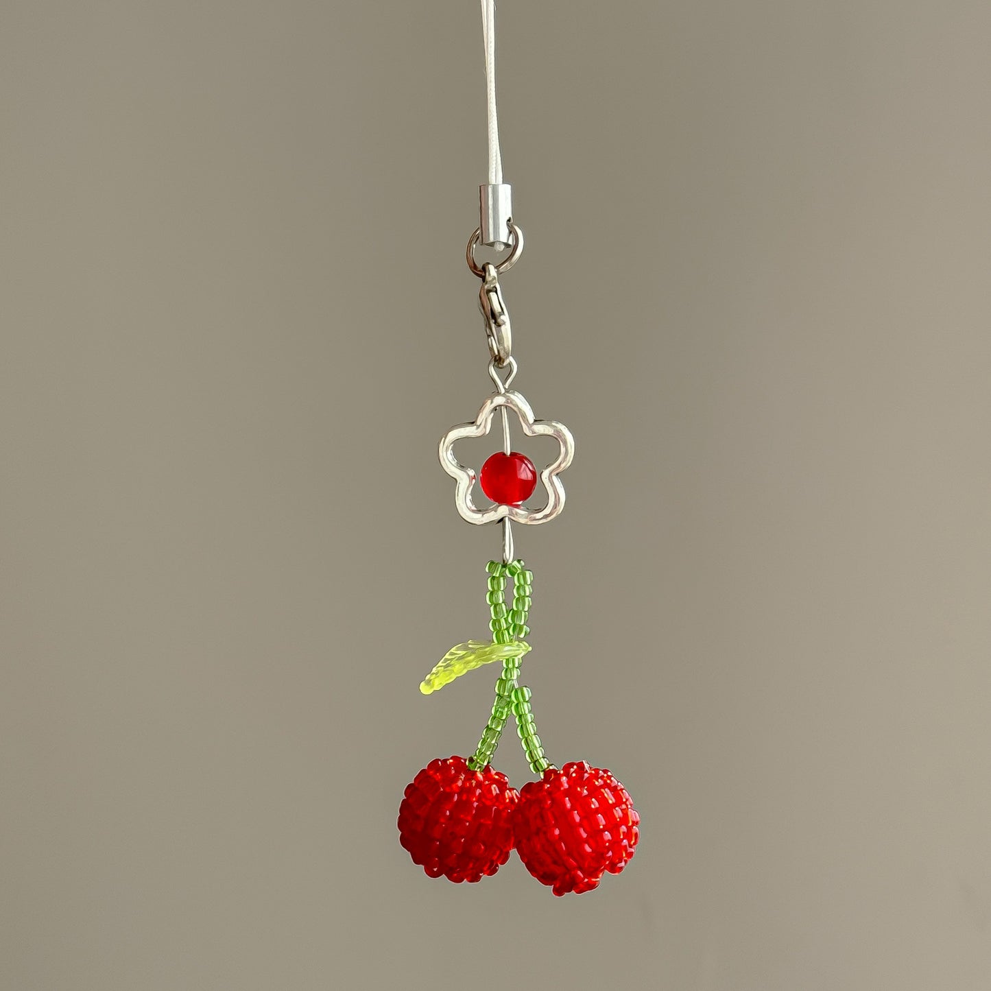 Beaded Cherry Phone Charm Glass Red Green 6cm 2pcs 2