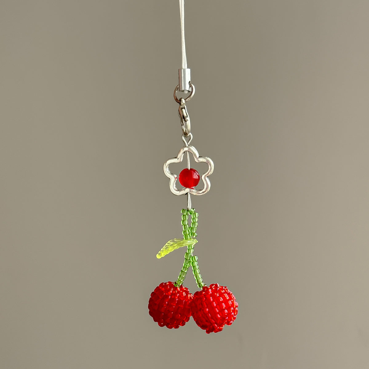 Beaded Cherry Phone Charm Glass Red Green 6cm 2pcs 2