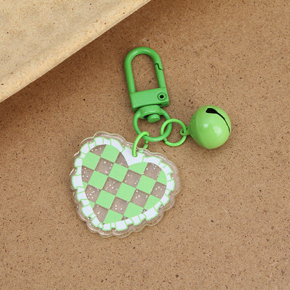 Acrylic Heart Keychain Vibrant Love Grid Checkerboard with Bell Charm 7