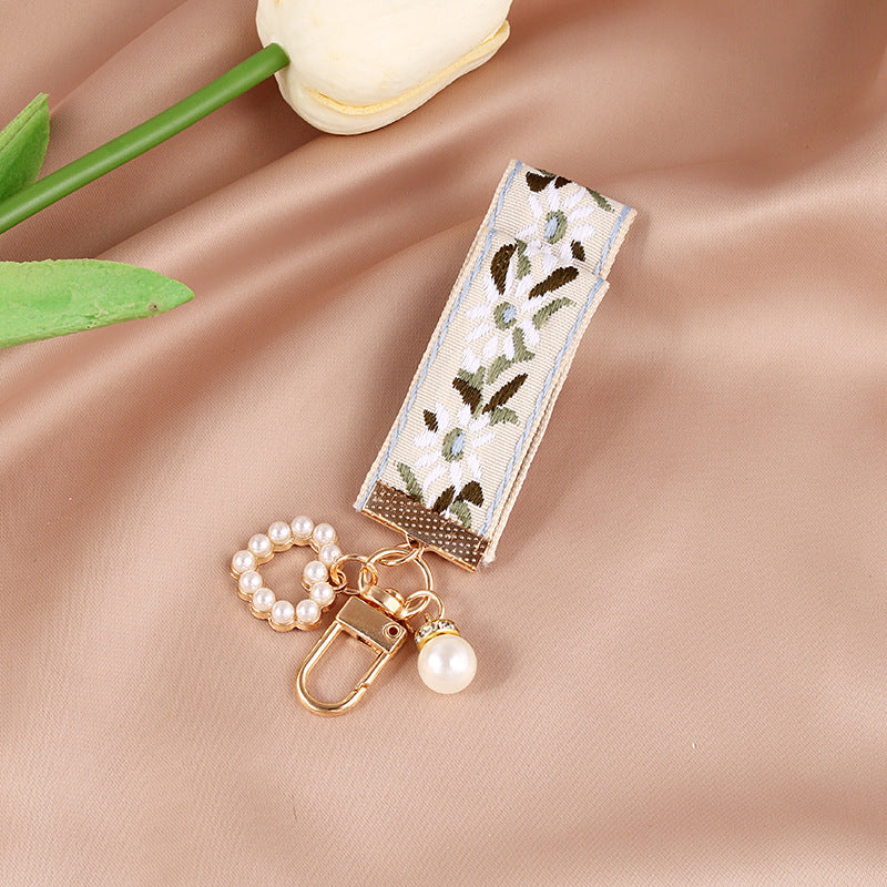 Fabric Woven Pearl Bow Keychain Vintage Floral Accessory 6