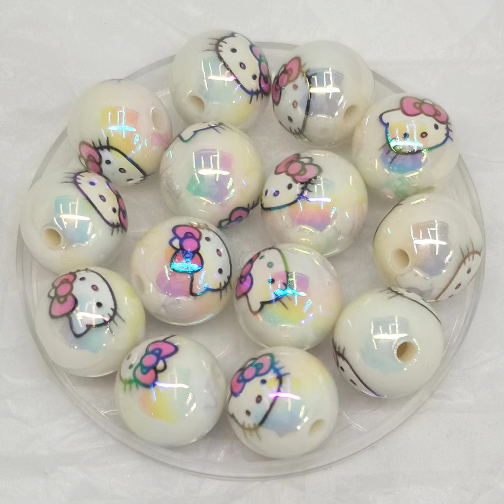 UV Plating Round Acrylic Beads 16mm Hello Kitty Printed 100pcs 4