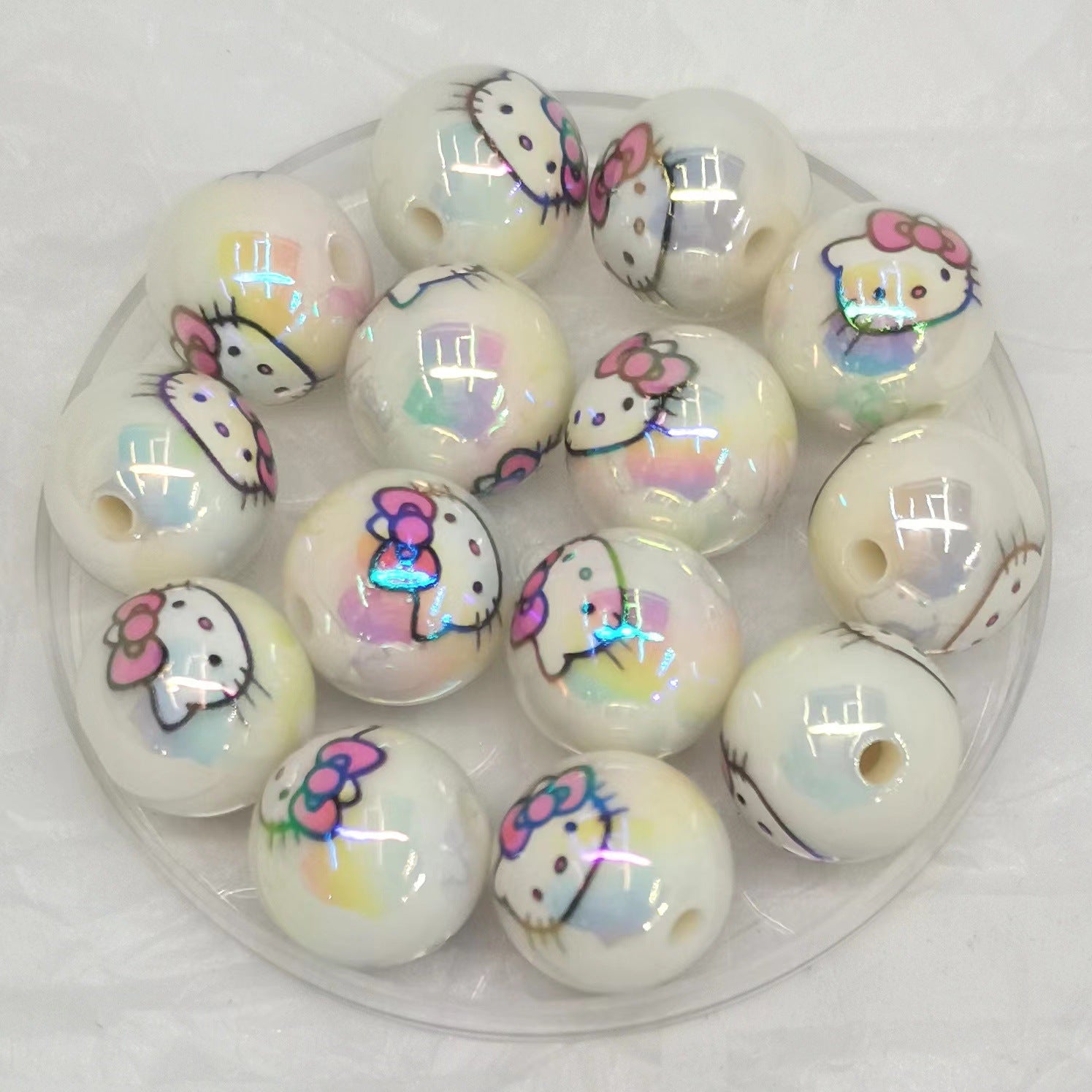 UV Plating Round Acrylic Beads 16mm Hello Kitty Printed 100pcs 4