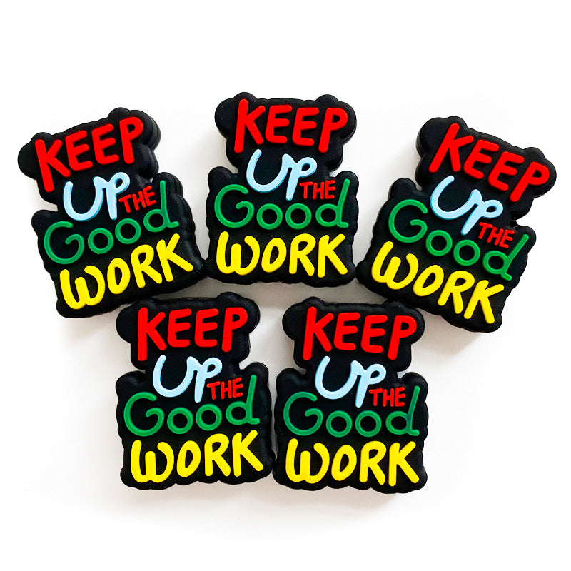 Silicone Focal Beads Keep Up the Good Work Colorful Letters Black Base 20pcs 3