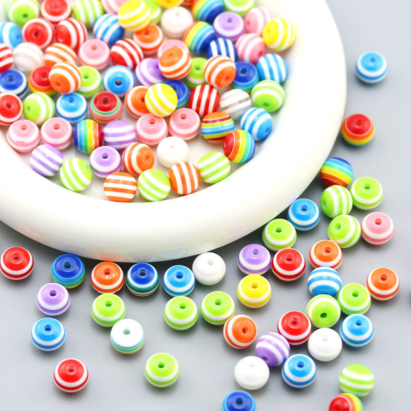 Rainbow Color Striped Resin Beads 12mm Round Glossy 60pcs