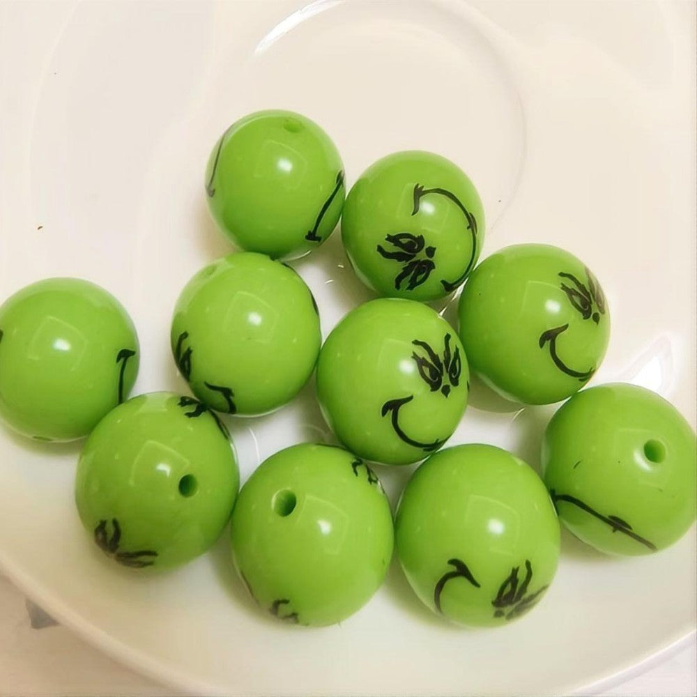 Christmas Bubblegum Beads 20mm Green Grinch Face Acrylic 10pcs
