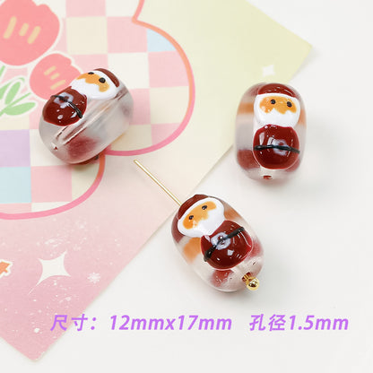 Lampwork Glass Beads Oval Cylindrical Hand Painted Christmas Theme 10pcs 9