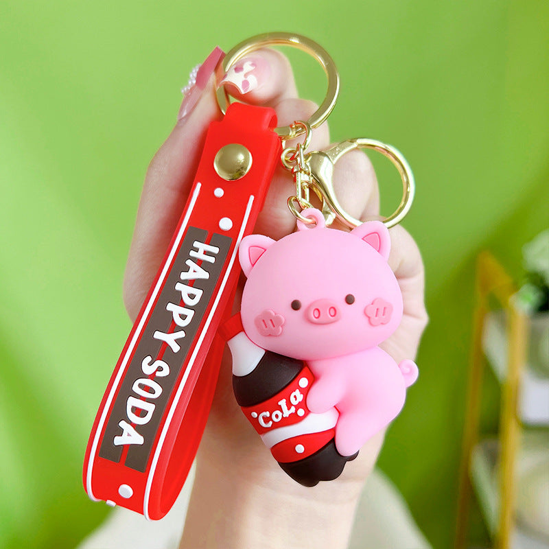 PVC Animal Cartoon Piglet Keychain with Soda Bottle Red Pink 8
