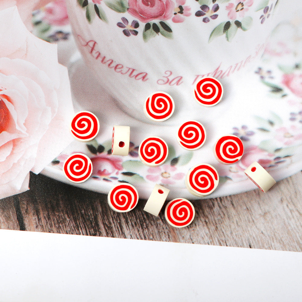 Flat Clay Beads 9mm Red Lollipop Pattern Polymer 100pcs 3