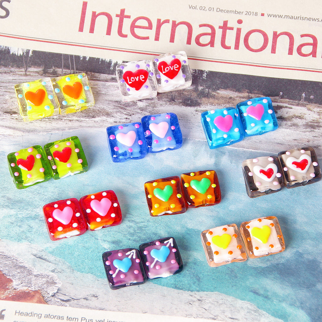 Lampwork Glass Beads Square 15mm Hand Painted Dotted Heart 10pcs 4
