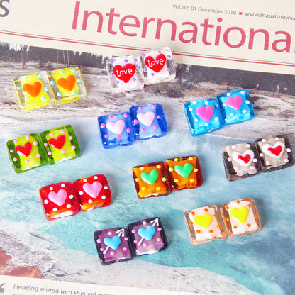 Lampwork Glass Beads Square 15mm Hand Painted Dotted Heart 10pcs 4