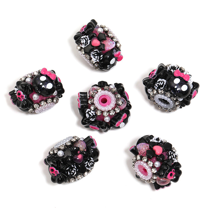 Halloween Skull Bow Acrylic Beads 26mm Pink Rhinestone 10pcs 5
