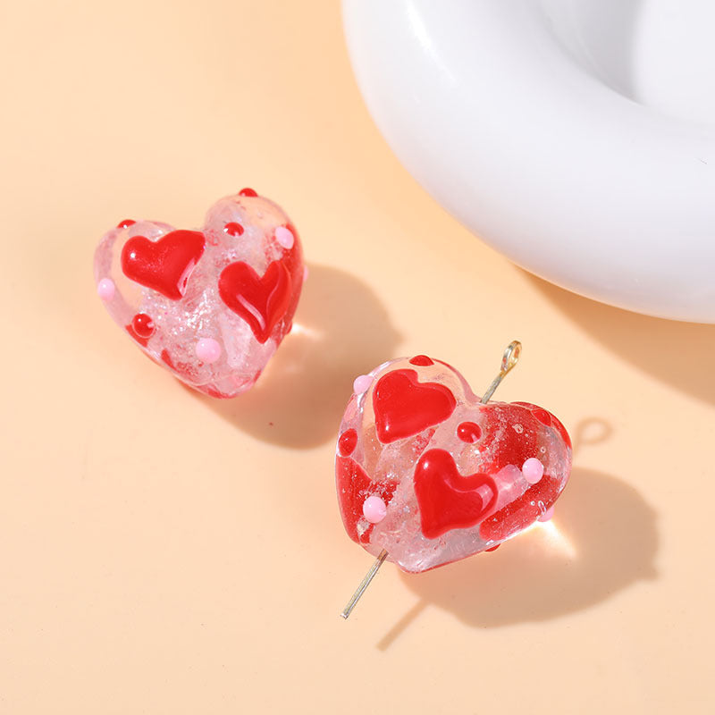 Hand Painted Heart Glass Beads 20mm Red Enamel 2pcs 14