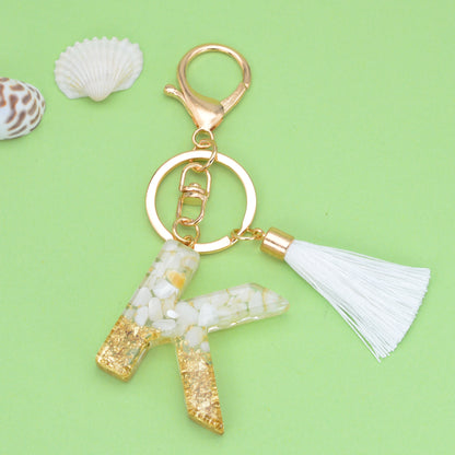 Tassel Letter A Keychain Resin Gold Flakes White Tassel 40