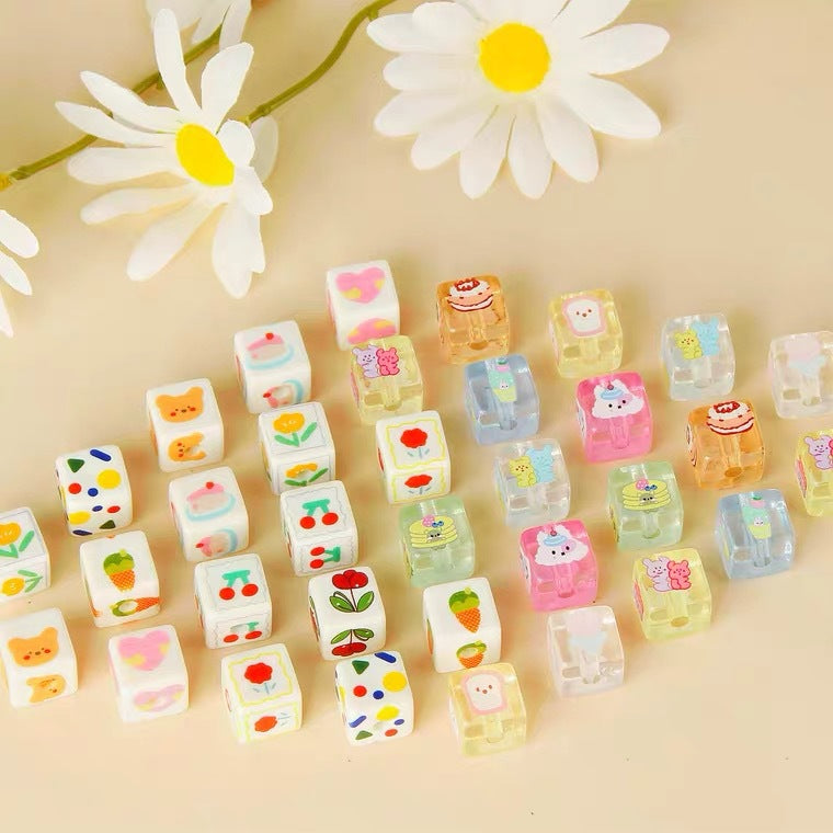 Cream Cartoon Printed Square Acrylic Beads 14mm 20pcs 2