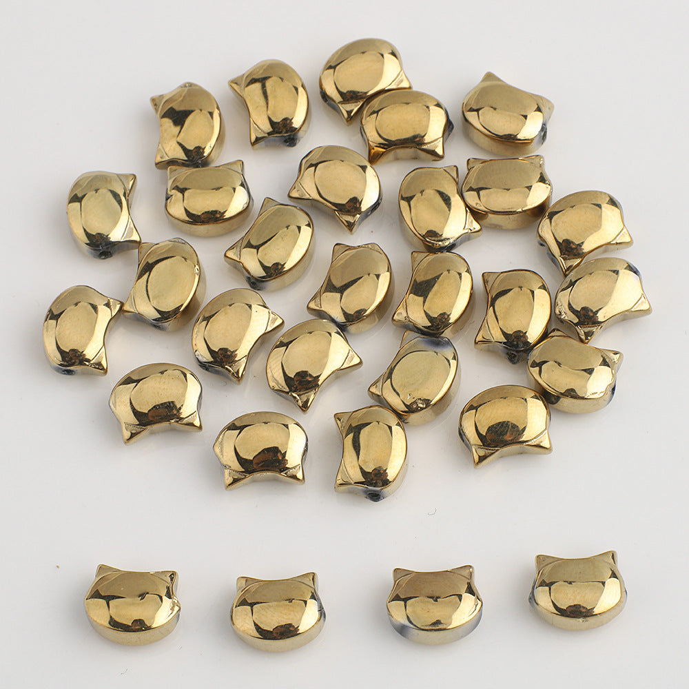 Plating Flat Cat Head Glass Beads 8mm x 10mm Iridescent Colors 30pcs 11