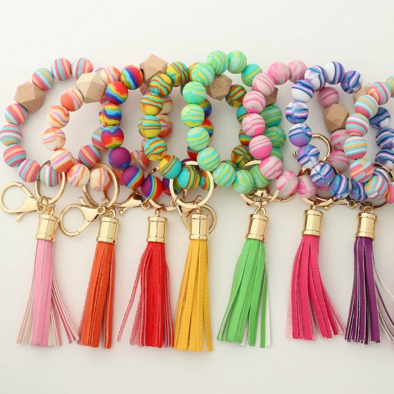 Silicone Bead Bracelet Wrist Keychain Marbled Beech Wood Tassel 2