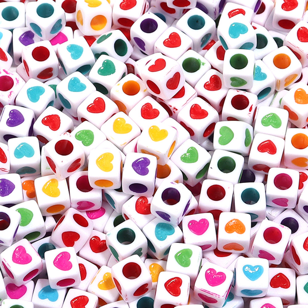 Square Acrylic Beads 6.7mm Glossy Dripping Oil Love Design 100pcs 2