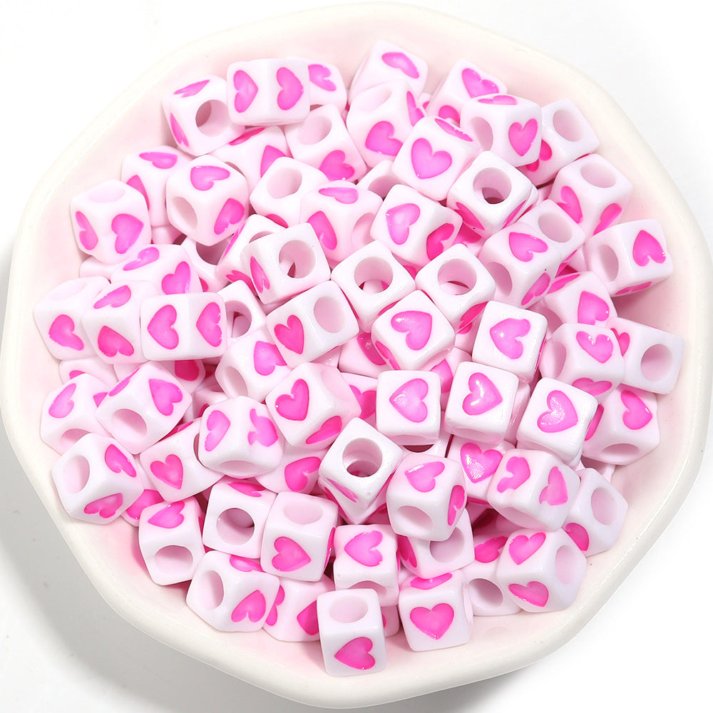 Square Acrylic Beads 6.7mm Glossy Dripping Oil Love Design 100pcs 11