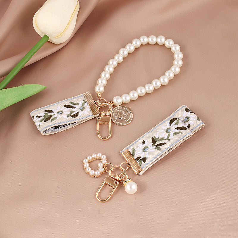 Fabric Woven Pearl Bow Keychain Vintage Floral Accessory 3