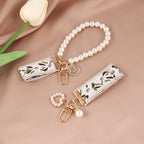 Fabric Woven Pearl Bow Keychain Vintage Floral Accessory 3