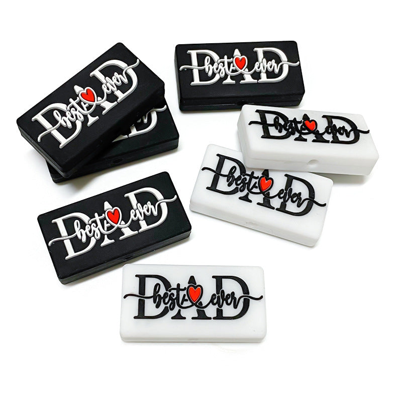 Silicone Focal Beads Love Dad Or Mom Rectangular Black White 20pcs 3