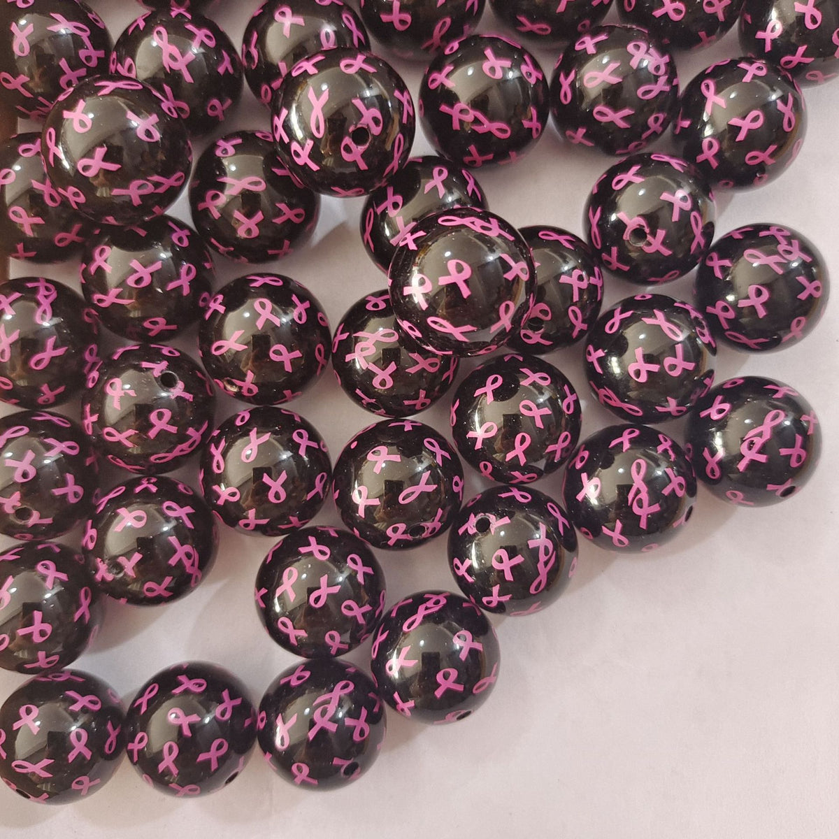 Printed Bubblegum Beads 20mm Black Pink Ribbon Glossy Acrylic 10pcs