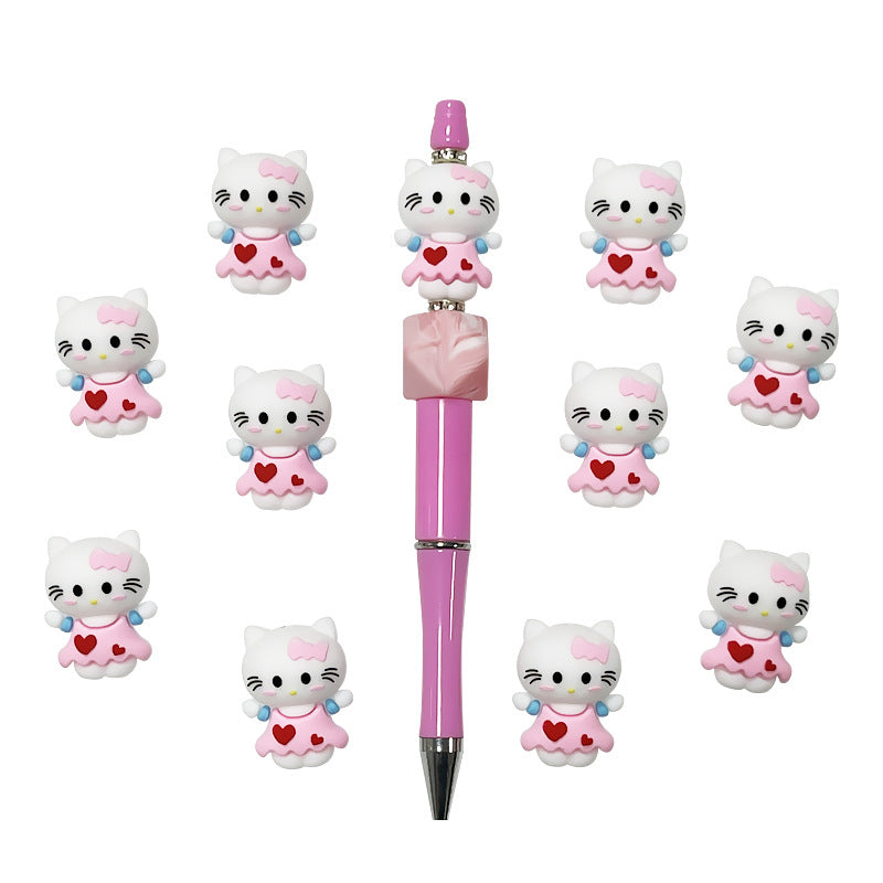 Silicone 3D Focal Beads Kitty Cat Wearing Pink Heart Dress 3