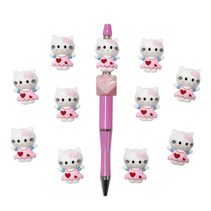 Silicone 3D Focal Beads Kitty Cat Wearing Pink Heart Dress 3