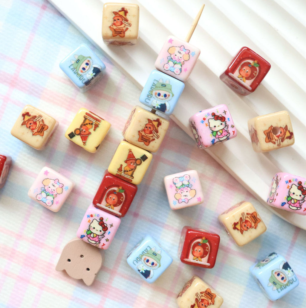 Printed Square Acrylic Beads 14mm Pastel Animal Faces Glossy 20pcs
