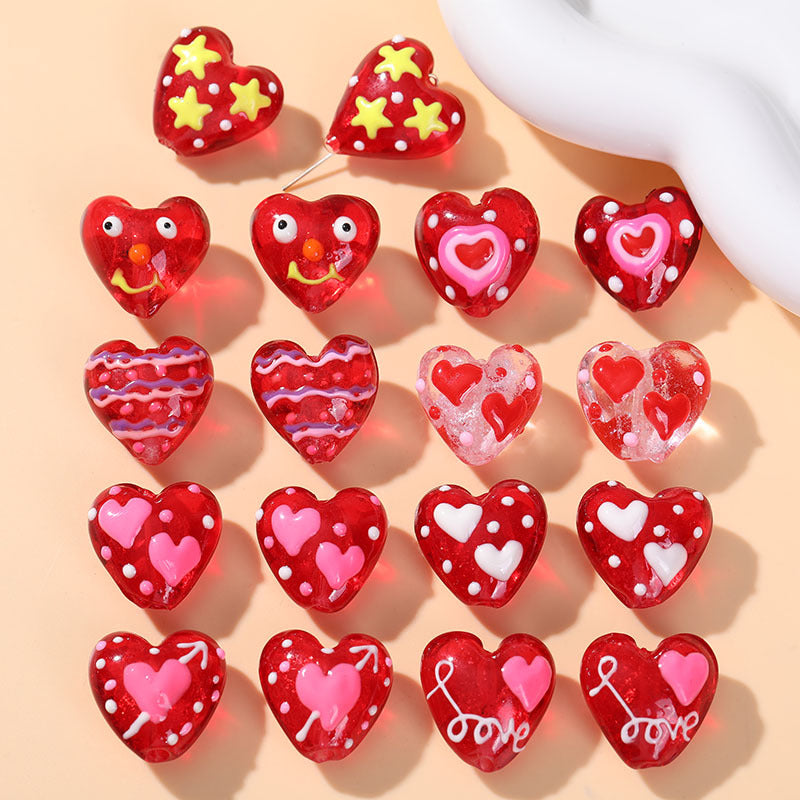 Hand Painted Heart Glass Beads 20mm Red Enamel 2pcs 2
