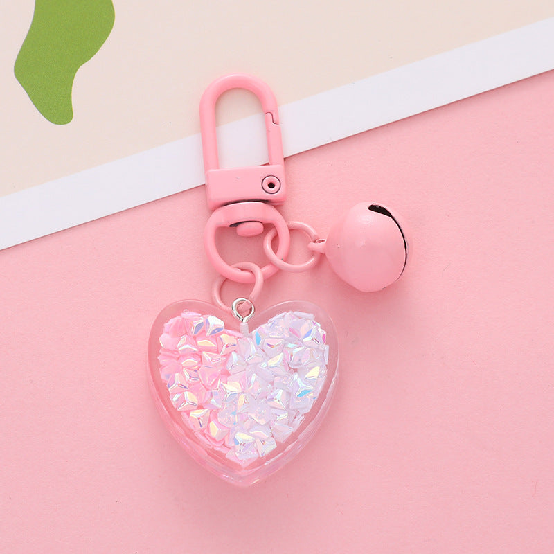 Acrylic Heart Keychain with Iridescent Flakes and Colorful Bell Charm 6