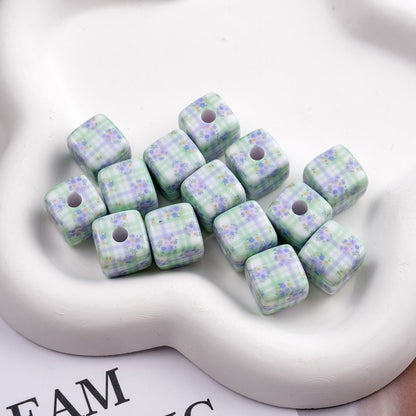 Vintage Spring Floral Plaid Square Acrylic Beads 13mm 50pcs 7
