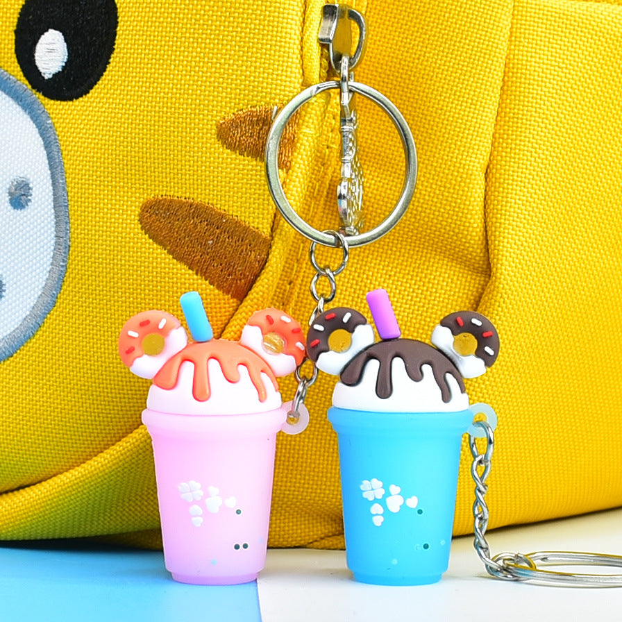 Soft Rubber Milk Tea Drink Keychain with Donut Ears and Dripping Tops 4