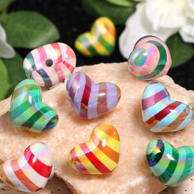 UV Plating Heart Acrylic Beads 19mm Rainbow Striped 50pcs