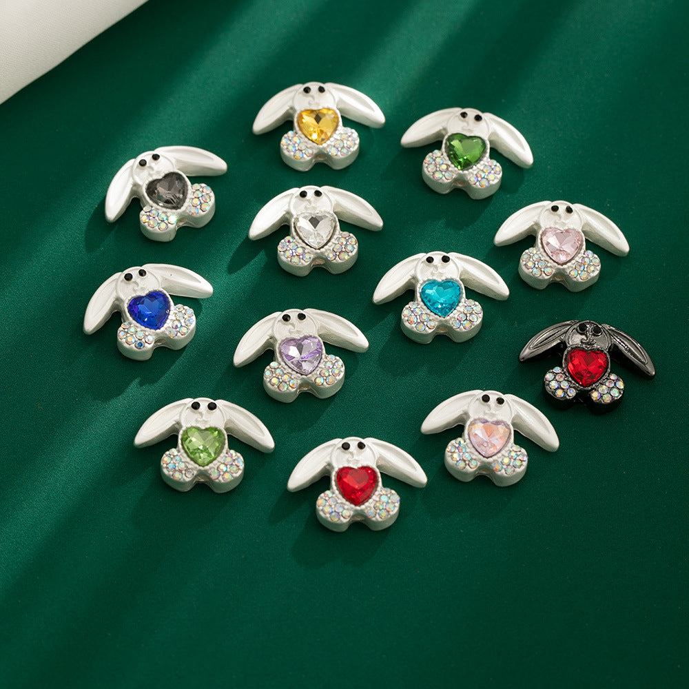 Bunny Holding Heart Rhinestone Beads 21mm Alloy Embeded 10pcs