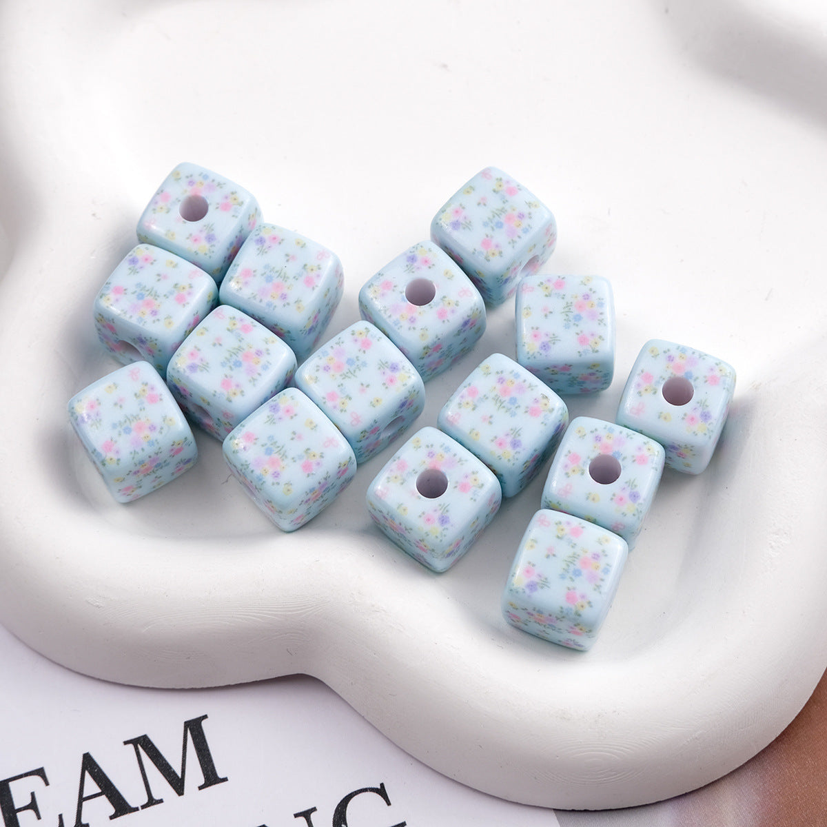 Vintage Spring Floral Plaid Square Acrylic Beads 13mm 50pcs 9